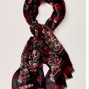Free People De Sienna Gingham Red and Black Patterned Scarf with hand Embroidery